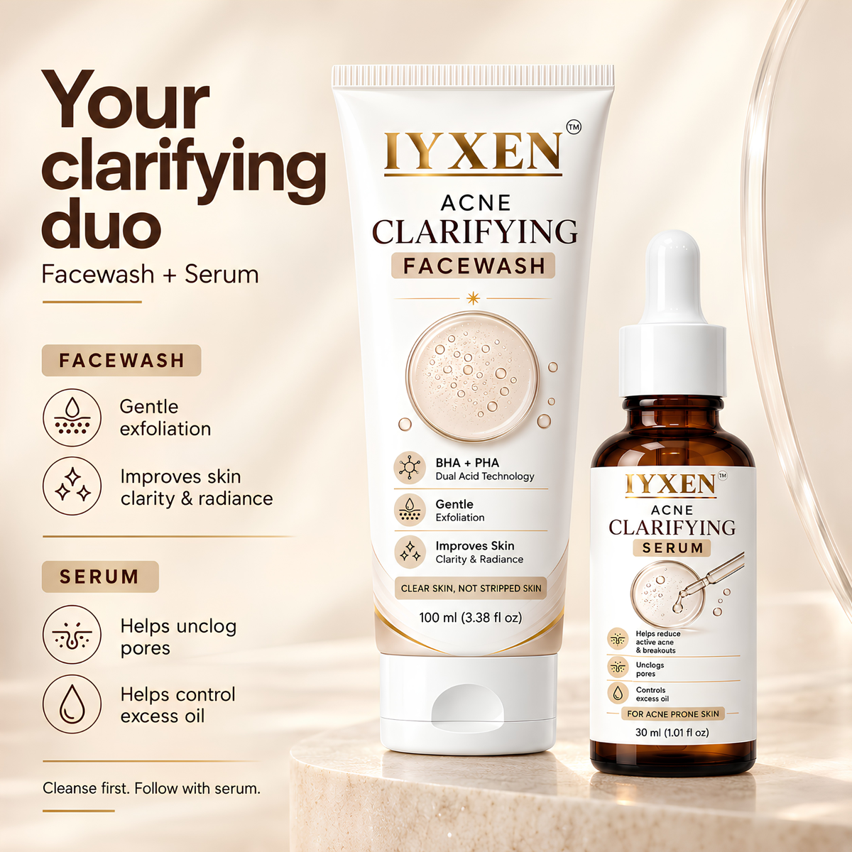 IYXEN Acne Clarifying Face Wash + Serum Combo