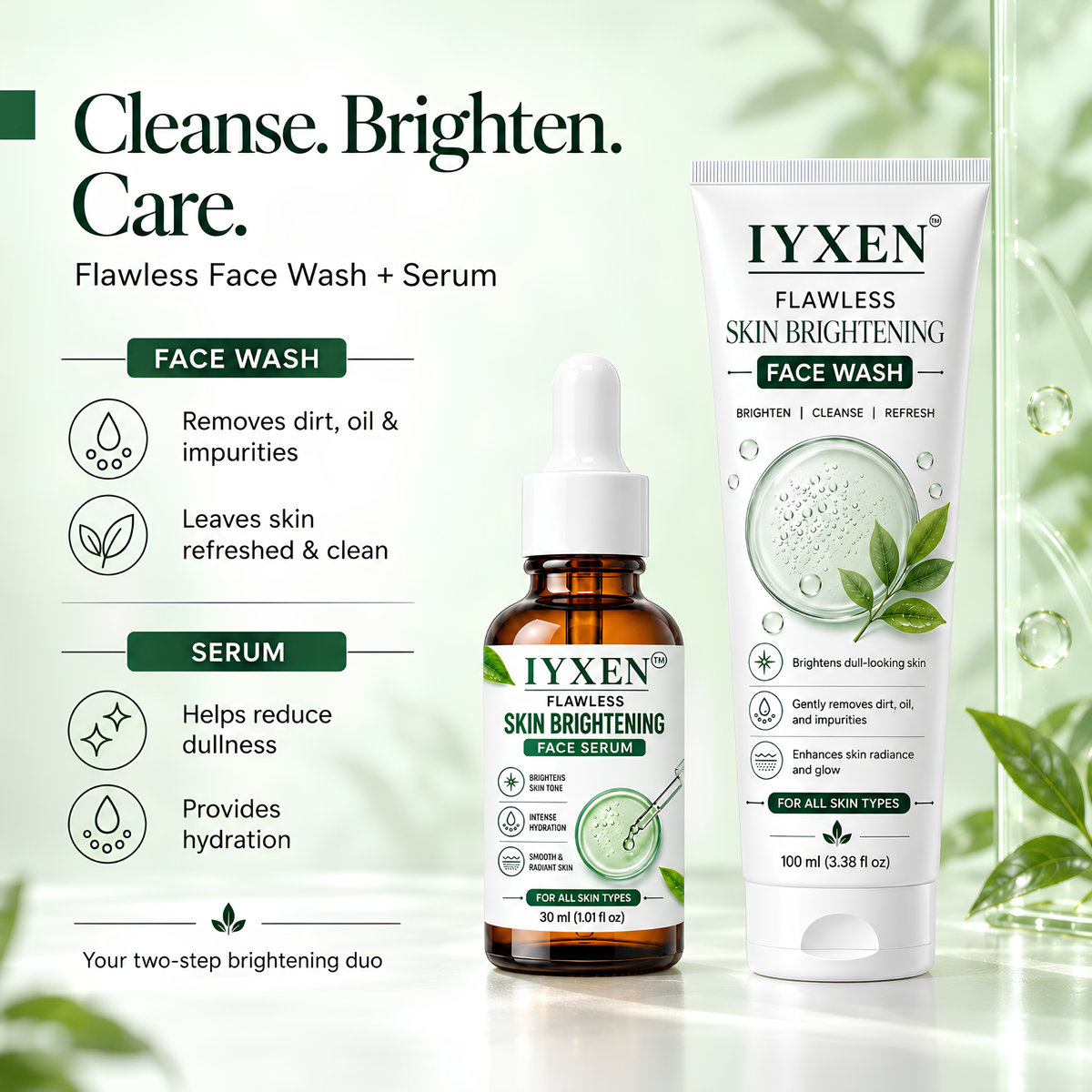 IYXEN Flawless Skin Brightening Face Wash + Serum Combo