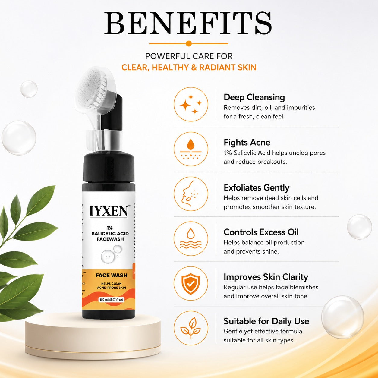Iyxen 1% Salicylic Acid Face Wash With Brush For Acne Prone Skin