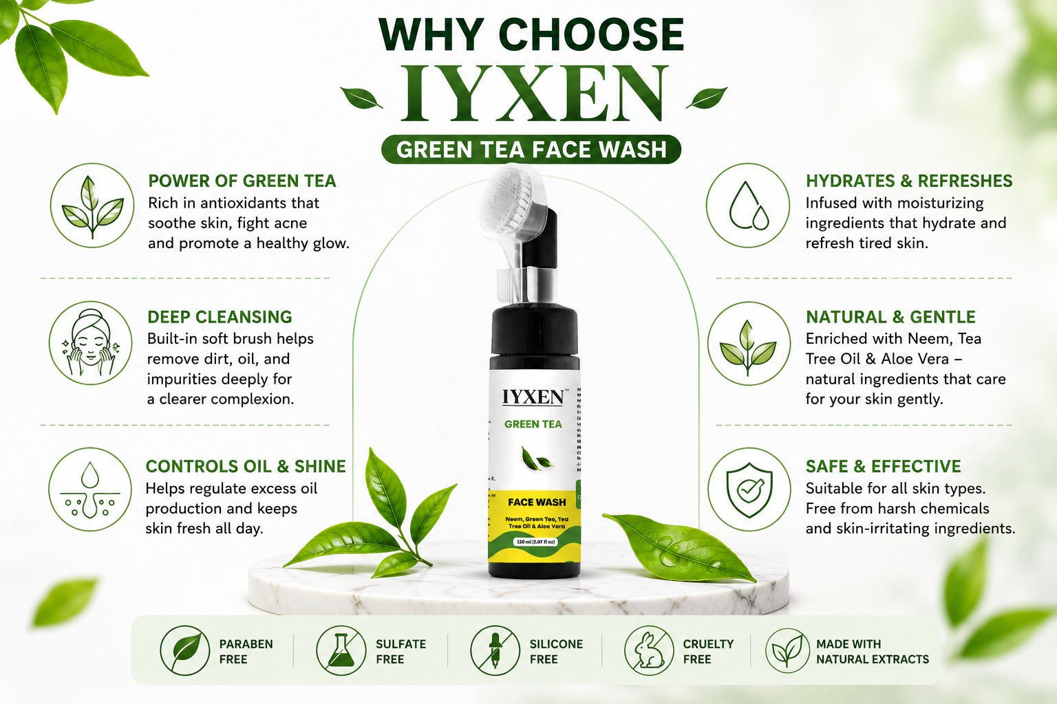 Iyxen Green Tea Neem Aloe Vera Deep Cleansing Face Wash